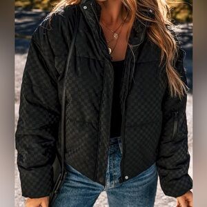 Cozy Checkered Turtleneck Zip Up Long Sleeve Winter Coat